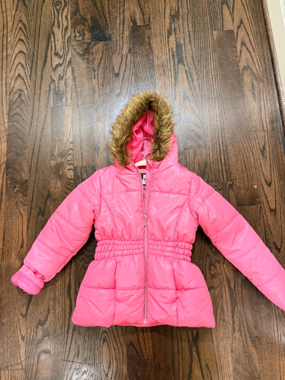 Rothschild Pink Puffer Coat with Faux Fur Trim